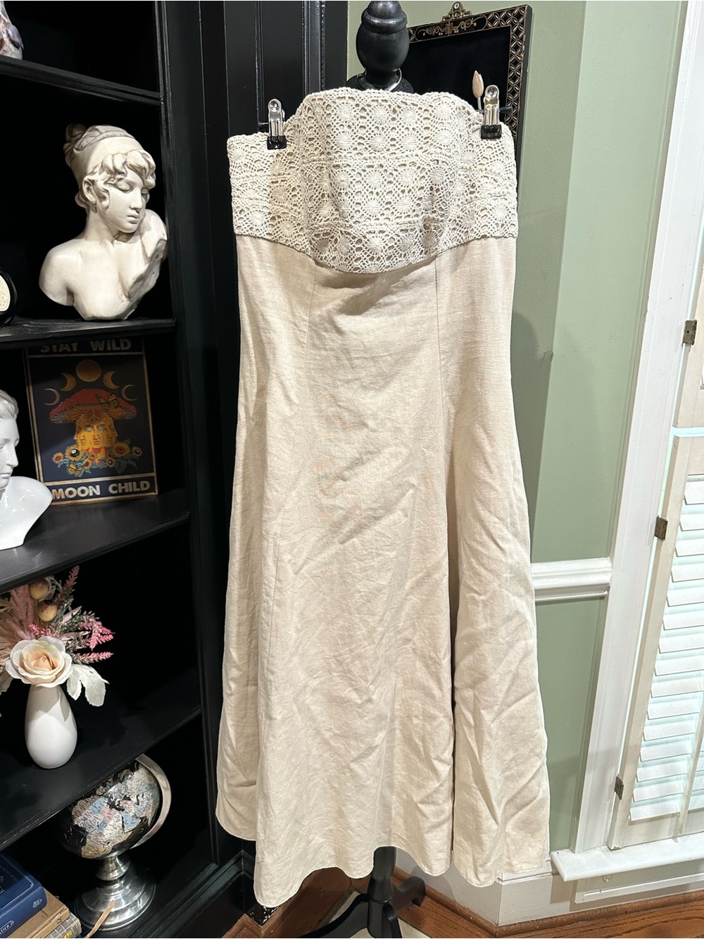 Salma Strapless Crochet‑Panel Linen‑Blend Midi Dress – Size Medium